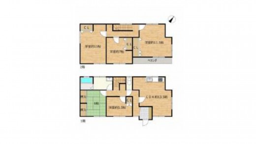 【間取図】１階に２部屋とLDK、２階に３部屋